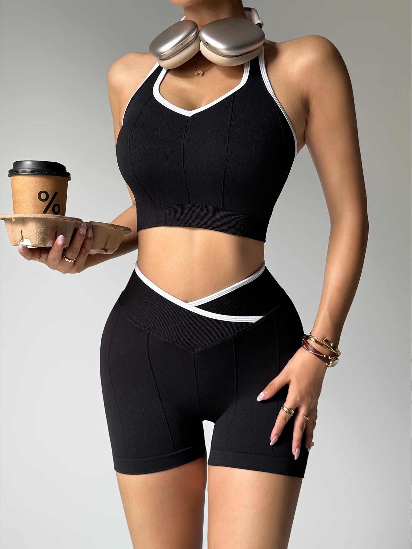 Gym Exercise Set For Women 2pcs Set Yoga Suit Black And White Patchwork